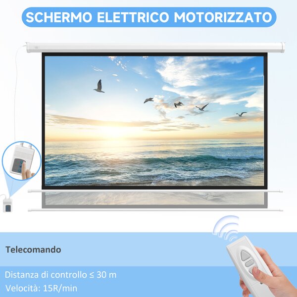 HOMCOM Telo per Proiettore 120" 16:9 Motorizzato con Telecomando, Fissaggio a Muro e Soffitto, Bianco | Aosom Italy