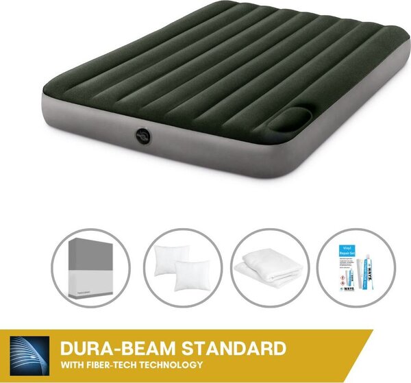 Letto ad aria Intex - 2 persone - 152 x 203 x 25 cm - Verde - Con pompa a pedale incorporata + lenzuola antracite + cuscino + federe Molton 2 in 1 + set di riparazione