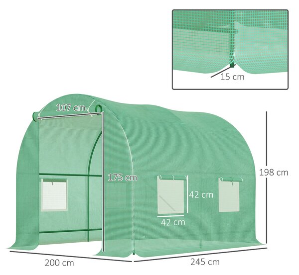 Outsunny Serra da Giardino Telaio in Tubo d'Acciaio Verniciato a Polvere 2 Rinforzi Diagonali 4 Finestre in PE 2.45x2x1.98m|Aosom