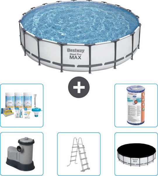 Piscina Bestway Round Steel Pro MAX - 549 x 122 cm - grigio - inclusa pompa - scala - copertura pacchetto manutenzione - filtro