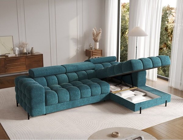 Divano angolare blu allungabile/con contenitore (con penisola a destra/con chaise lounge) con rivestimento in bouclé Felro – ELTAP