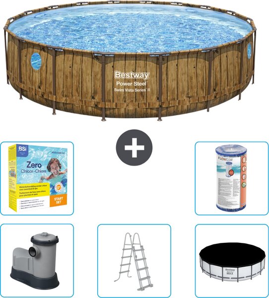 Piscina Bestway Round Power Steel Swim Vista - stampa su legno - 549 x 122 - compresa pompa - scaletta - copertura pacchetto manutenzione - filtro