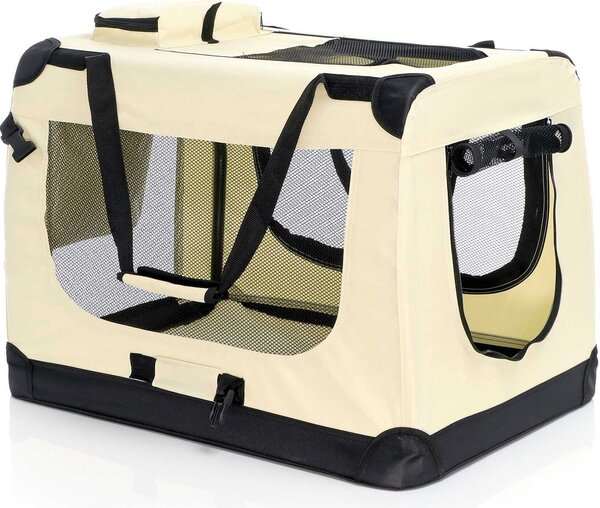 Fudajo Box pieghevole per cani, gatti XL (82x56x58cm), robusto, leggero, sicuro, box per cani con maniglia di trasporto e coperta, beige