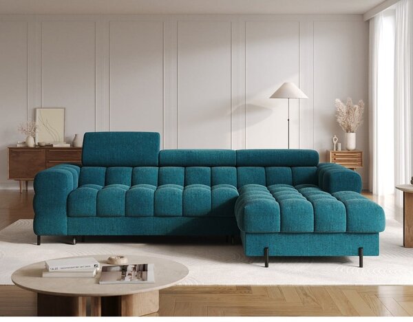 Divano angolare blu allungabile/con contenitore (con penisola a destra/con chaise lounge) con rivestimento in bouclé Felro – ELTAP