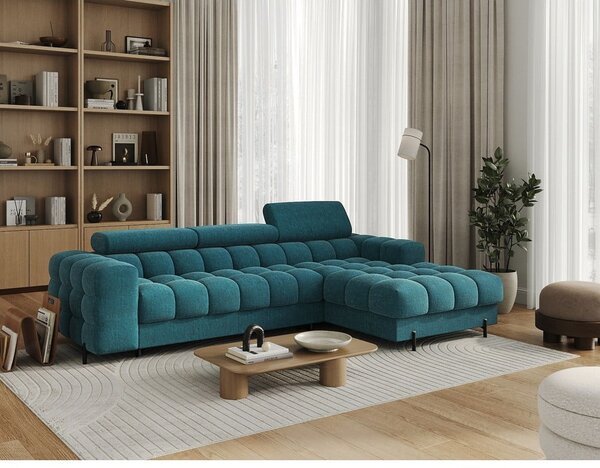 Divano angolare blu allungabile/con contenitore (con penisola a destra/con chaise lounge) con rivestimento in bouclé Felro – ELTAP