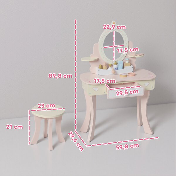 AIYAPLAY Set Toeletta con Specchio e Sgabello in Legno 2 in 1 per Bambini con 7 Accessori Inclusi, Rosa | Aosom Italy