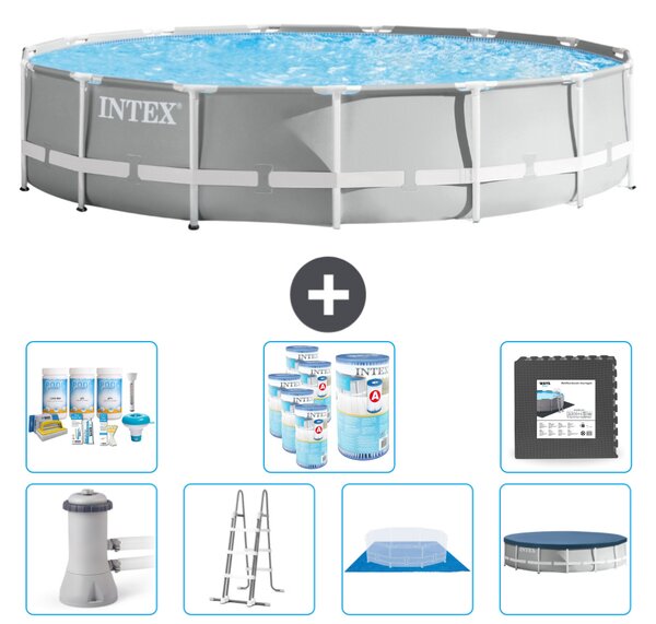 Piscina Intex Round Prism Frame - 457 x 107 cm - Grigio - inclusa pompa - scaletta - telo di fondo - pacchetto di manutenzione della copertura - filtro - piastrelle per il pavimento