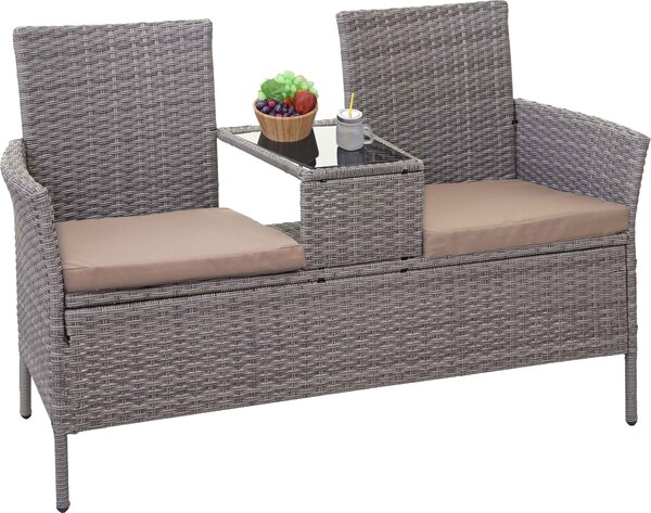 Panchina in polyrattan con tavolino MCW-E24, set da giardino con divanetto, 132 cm ~ grigio, cuscini color crema