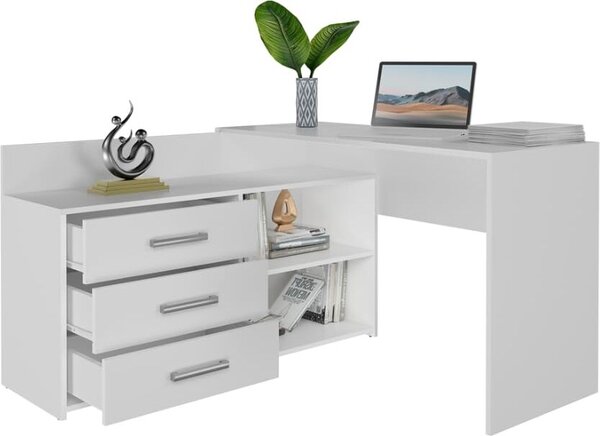 BDW Scrivania ad angolo, 3 cassetti 2 ripiani, bianco, 120x7x50 cm