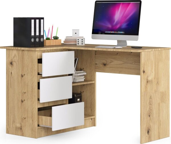 BDW, scrivania angolare destra, 3 cassetti, 4 ripiani, rovere Artisan / bianco a sinistra