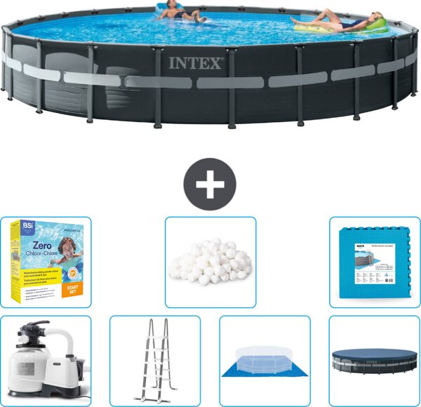 Piscina Intex Round Ultra XTR Frame - 732 x 132 cm - inclusa pompa - scaletta - telo di fondo - confezione di manutenzione della copertura - sfere filtranti - piastrelle per il pavimento