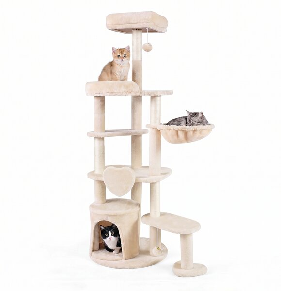 Costway Tira graffi a 7 livelli con cuccia letto sospeso posatoi 4 pali graffiatoio pompon, Albero tiragraffi per gatti 149 cm per gatti adulti e piccoli