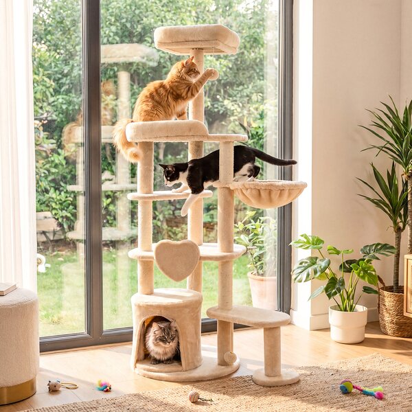 Costway Tira graffi a 7 livelli con cuccia letto sospeso posatoi 4 pali graffiatoio pompon, Albero tiragraffi per gatti 149 cm per gatti adulti e piccoli