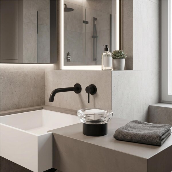 Portasapone da Appoggio interno in vetro LAPIANA Dimensioni 13x13xh8,4 cm Materiale Ottone e ZAMA finitura verniciato nero opaco Made in Italy