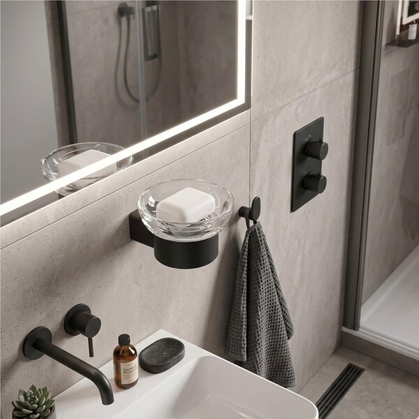 Portasapone sospeso in ottone e zama La Piana 13x13,5xh 8,4 cm design stile moderno finitura verniciato nero opaco