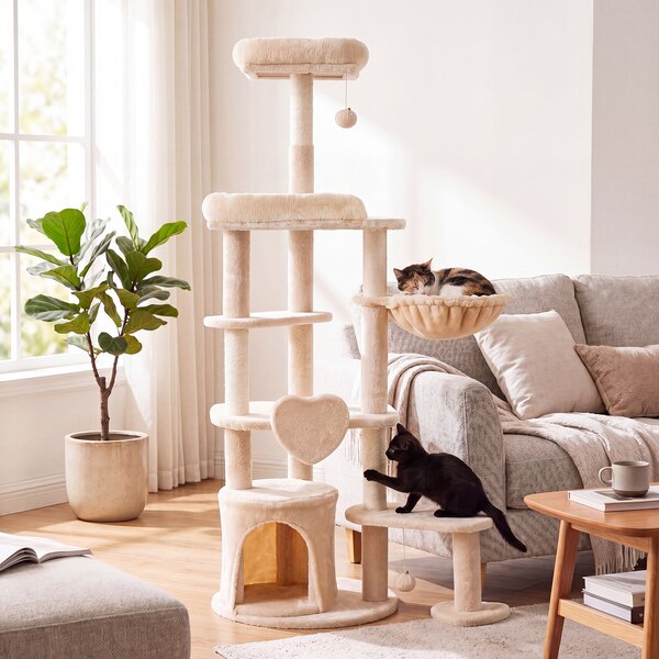 Costway Tira graffi a 7 livelli con cuccia letto sospeso posatoi 4 pali graffiatoio pompon, Albero tiragraffi per gatti 149 cm per gatti adulti e piccoli