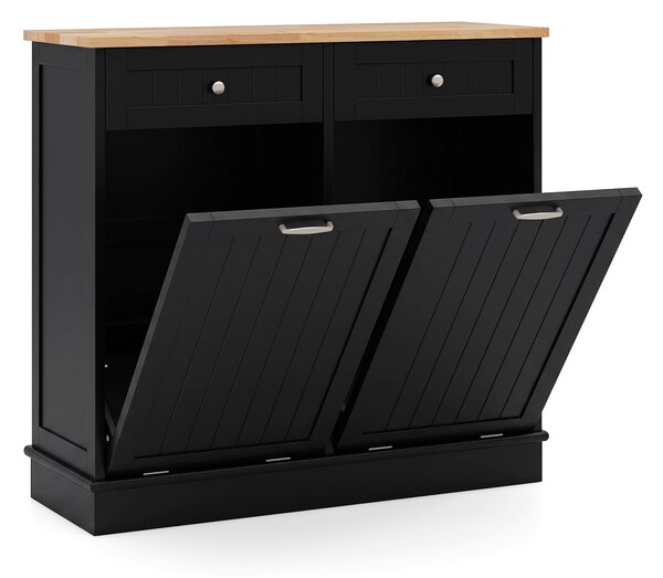 Costway Isola da cucina con cestini ribaltabili doppi per pattumiera piano legno caucciù tagliere 2 cassetti, Mobile contenitore per cucina lavanderia Nero
