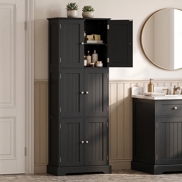Costway Mobiletto alto da bagno salvaspazio con 6 ante con 2 dispositivi antiribaltamento, Armadietto da bagno a terra per cucina e soggiorno Nero