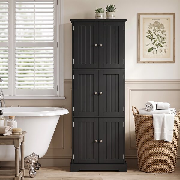 Costway Mobiletto alto da bagno salvaspazio con 6 ante con 2 dispositivi antiribaltamento, Armadietto da bagno a terra per cucina e soggiorno Nero