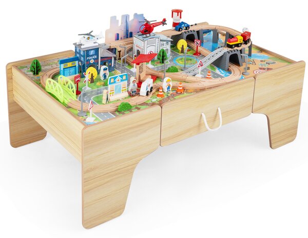 Costway Tavolo attività con 110 pz giocattoli trenino con cassetto e piano reversibile e rimovibile sistema di traffico e mappa, Tavolino creativo per gioco e studio