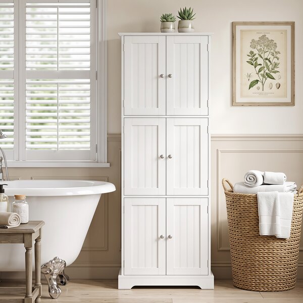 Costway Mobiletto alto da bagno salvaspazio con 6 ante con 2 dispositivi antiribaltamento, Armadietto da bagno a terra per cucina e soggiorno Bianco