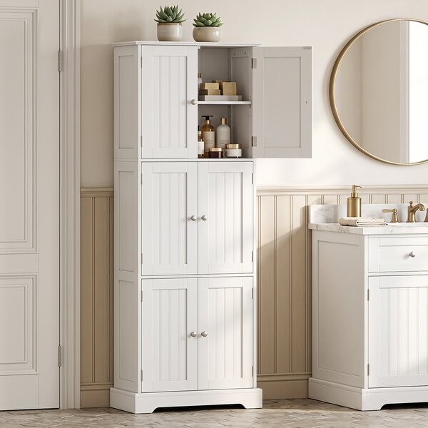 Costway Mobiletto alto da bagno salvaspazio con 6 ante con 2 dispositivi antiribaltamento, Armadietto da bagno a terra per cucina e soggiorno Bianco