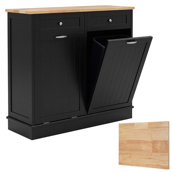 Costway Isola da cucina con cestini ribaltabili doppi per pattumiera piano legno caucciù tagliere 2 cassetti, Mobile contenitore per cucina lavanderia Nero