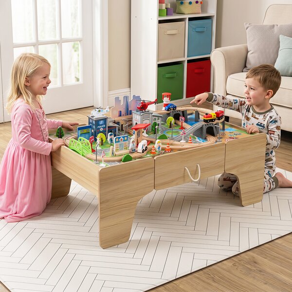 Costway Tavolo attività con 110 pz giocattoli trenino con cassetto e piano reversibile e rimovibile sistema di traffico e mappa, Tavolino creativo per gioco e studio