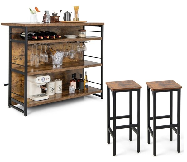 Costway Isola cucina stile industriale e set di 2 sgabelli da bar, Mobile bar con poggiapiedi e set di 2 sgabelli da cucina Marrone