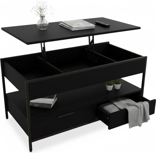 Tavolino Relaxdays, ribaltabile, 2 cassetti, 4 scomparti, L x P x A: 48–63 x 100 x 50 cm, tavolino da salotto in stile industriale, nero