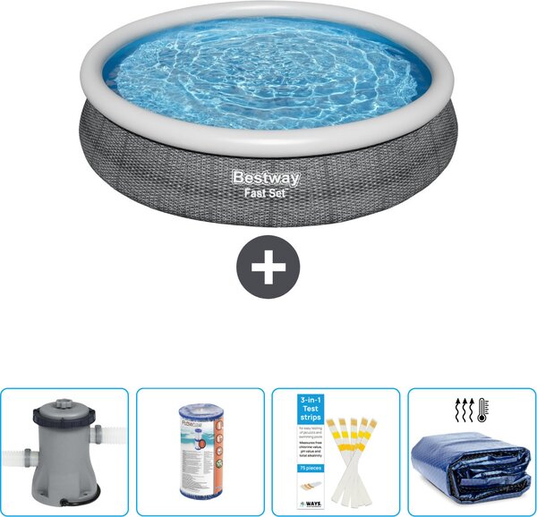 Piscina gonfiabile rotonda Bestway a presa rapida - stampa rattan - 366 x 76 cm - inclusa pompa - filtro - strisce reattive - tenda parasole