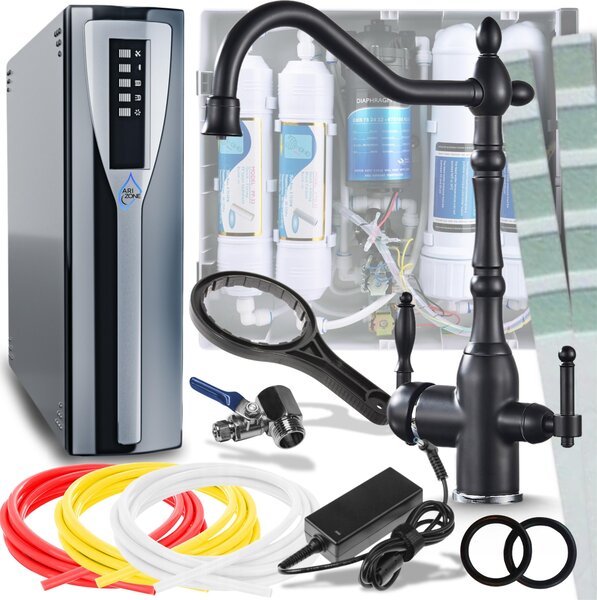 Rubinetto da cucina a 3 vie Ari Retro 2, miscelatore lavello girevole 360 gradi con filtro acqua, nero opaco