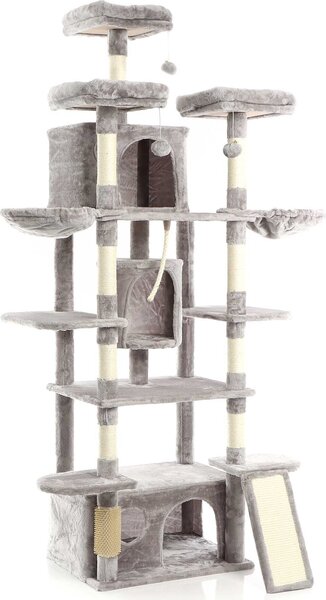 Tiragraffi Fudajo grigio con 3 casette per gatti da 198 cm, tiragraffi per gatti con cavità e piattaforme per sdraiarsi, albero per gatti con tiragraffi, corda e palline da gioco