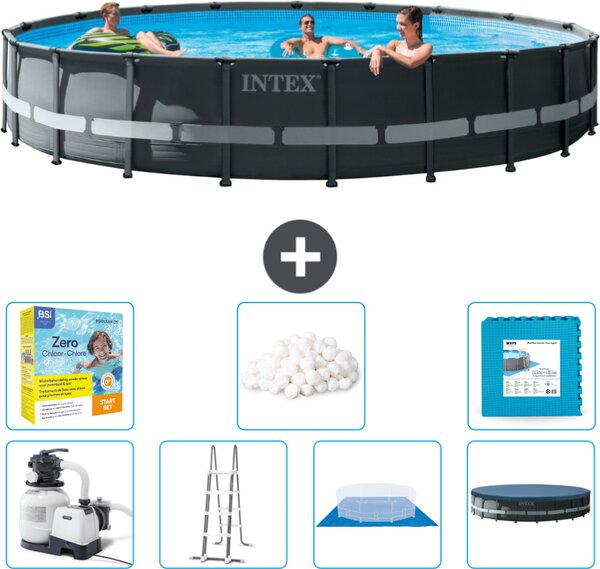 Piscina Intex Round Ultra XTR Frame - 610 x 122 cm - inclusa pompa - scaletta - telo di fondo - confezione di manutenzione della copertura - sfere filtranti - piastrelle per il pavimento