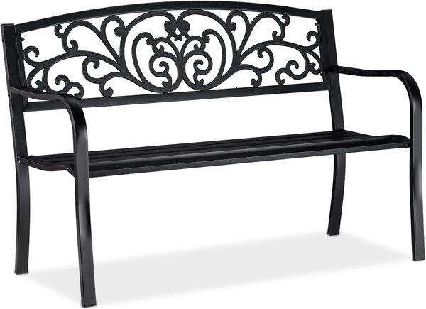 Panchina da giardino Relaxdays, comoda a due posti, con decorazioni vintage, per terrazza o balcone, A x L x P 86,5 x 127 x 60 cm, nera