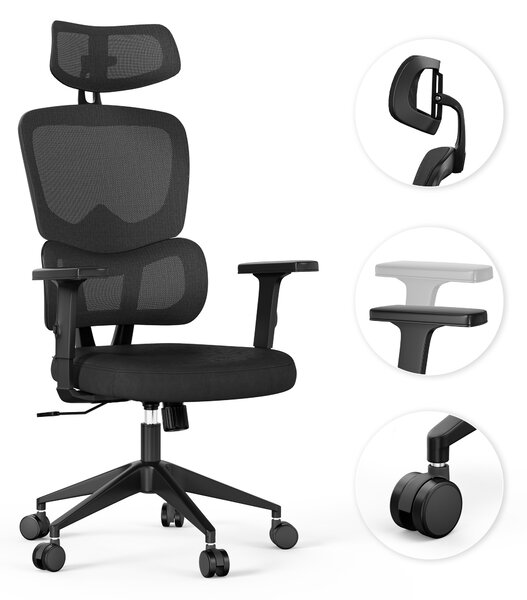SENSE7 VENO Sedia da ufficio ergonomica - Sedia da scrivania nera, schienale diviso, poggiatesta, schienale in rete, rotelle in gomma, sedia da ufficio per l'home office, portata 120 kg