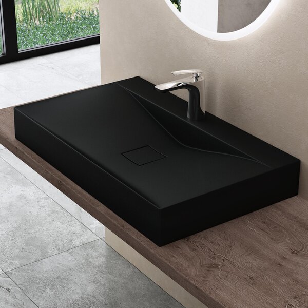 Doporro Lavabo da Appoggio o Sospeso Rettangolare 80 cm in Marmoresina Nero Opaco, Lavandino Bagno con Foro per Rubinetto Colossum810