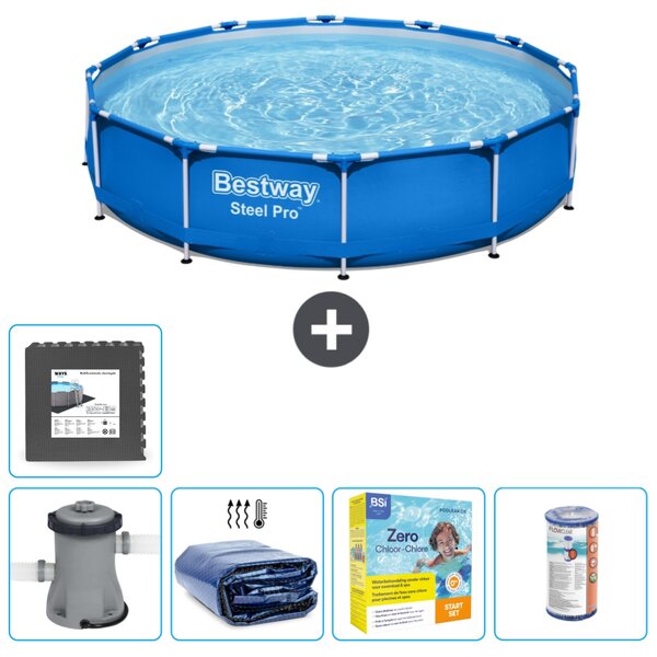 Piscina Bestway Round Steel Pro - 366 x 76 cm - blu - pompa inclusa - tenda da sole - pacchetto manutenzione - filtro - pavimento in piastrelle