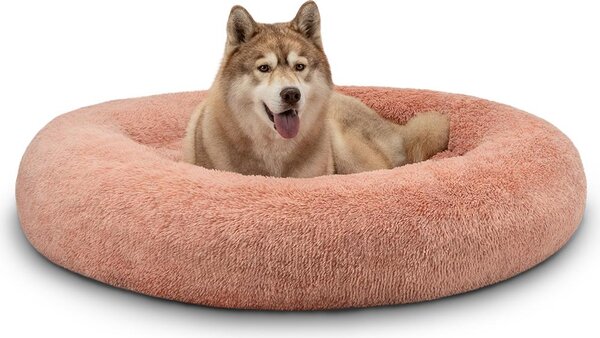 Lionto Donut dog bed, divano rotondo per cani con rivestimento in peluche e borchie antiscivolo, morbido e accogliente, diametro 120 cm, rosa