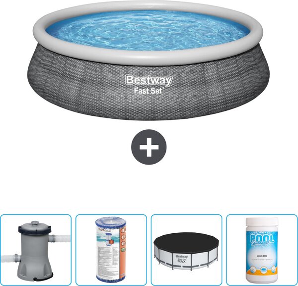 Bestway piscina gonfiabile rotonda ad ambientazione rapida - stampa rattan - 457 x 84 cm - inclusa pompa - filtro - copertura - cloro