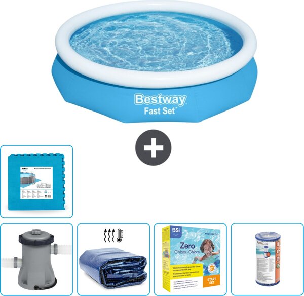 Piscina gonfiabile rotonda Bestway ad ambientazione rapida - 305 x 66 cm - blu - inclusa pompa tenda - pacchetto manutenzione - filtro - pavimento in piastrelle