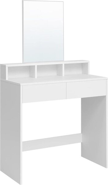 VASAGLE, tavolo da toilette con grande specchio rettangolare, tavolo da toilette con 2 cassetti e 3 vani a giorno, tavolo da toilette, stile moderno, bianco