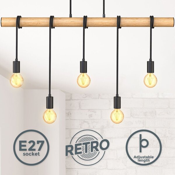 B.K.Licht 5 lampada a sospensione a fiamma I metallo e legno I E27 I nero opaco I lampada a sospensione vintage I lampada a sospensione retrò I senza lampadina