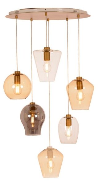 PAGODA SOSPENSIONE 6 LUCI CON SFERE IN VETRO AMBRA,TRASPARENTI E FUME E BASE IN METALLO ORO LAMPADINE ATTACCO E27