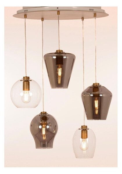 PAGODA SOSPENSIONE 5 LUCI CON SFERE IN VETRO TRASPARENTI E FUME E BASE IN METALLO ORO LAMPADINE ATTACCO E27