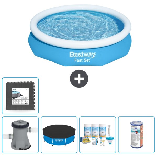 Bestway piscina gonfiabile rotonda ad ambientazione rapida - 305 x 66 cm - blu - inclusa copertura della pompa - pacchetto manutenzione - filtro - piastrelle per il pavimento