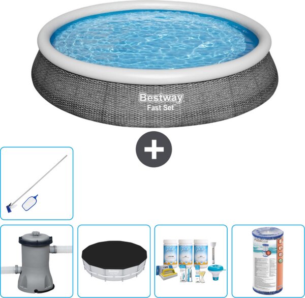 Bestway piscina gonfiabile rotonda a presa rapida - stampa rattan - 396 x 84 cm - inclusa copertura della pompa - pacchetto manutenzione - filtro - kit di pulizia