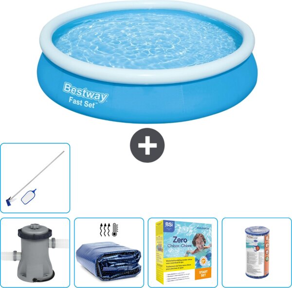 Piscina gonfiabile rotonda Bestway ad ambientazione rapida - 366 x 76 cm - blu - incluso telo pompa - pacchetto manutenzione - filtro - kit pulizia
