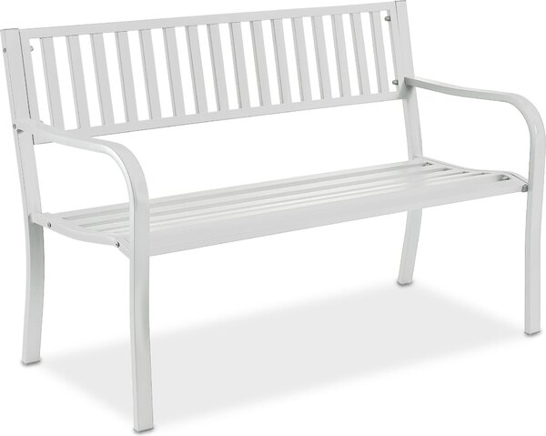 Panchina da giardino Relaxdays, a 2 posti, A x L x P: 82 x 127,5 x 59,5 cm, acciaio, panchina da giardino, terrazza, balcone, panchina da parco, bianca