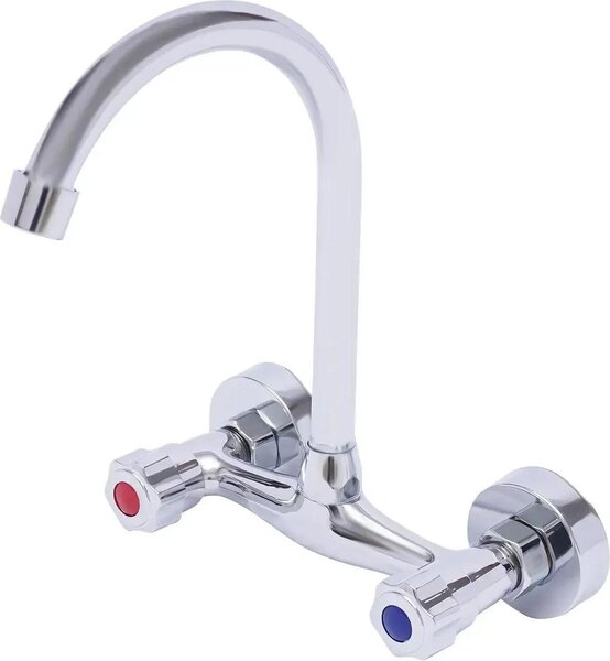 Rubinetto da cucina - Miscelatore a parete - Bocca orientabile - A due manopole, monoforo - Ottone - Acqua calda/fredda - Tubi di alimentazione da 40 cm - Argento